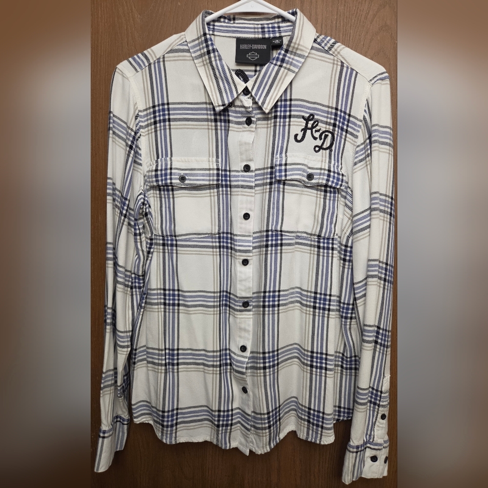 Harley-Davidson White Plaid Button-Down Shirt with Blue and Black Stripes